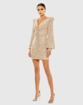 Gold Sequined Structured Bishop Sleeve Mini Dress